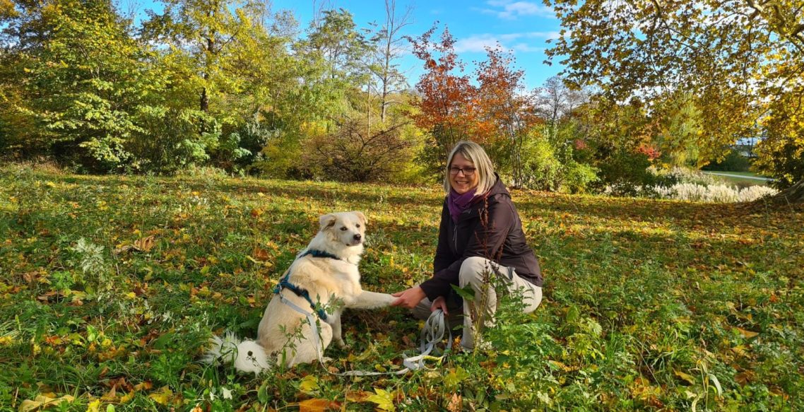 Ich mit unserem Hund Juri auf einer Bank im Schlosspark Grafenegg